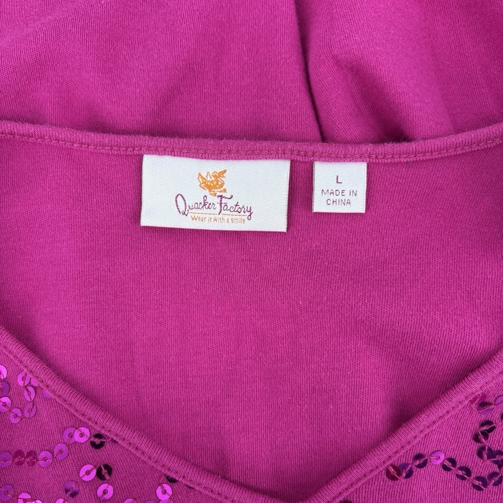 Quacker Factory Pink Sequin V-Neck Top Shirt Size L Blouse 3/4th Sleeve‎ - Picture 7 of 8